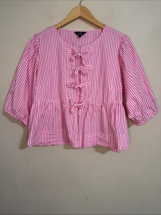 Velvet Heart Tops - Women's Striped Peplum Bow-Front Top Pink White size L Coquette Feminine Whimsy